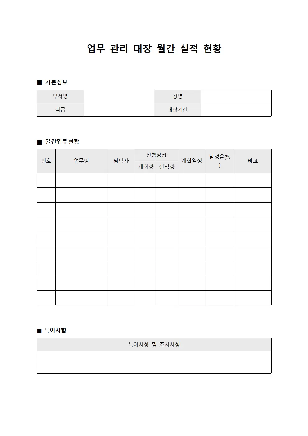 업무관리대장 - 월간실적현황
