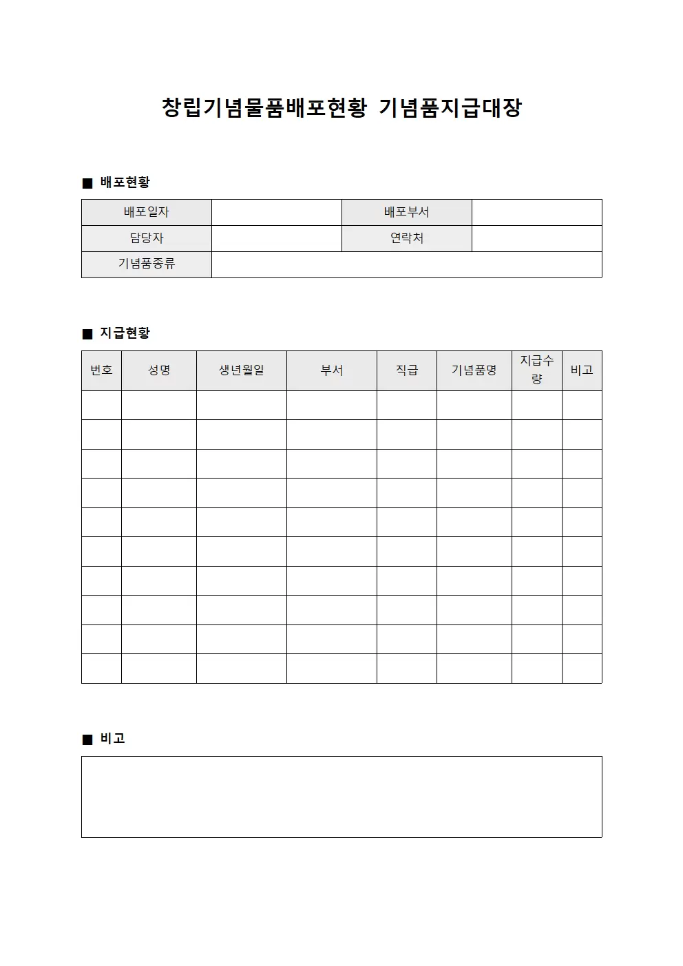 창립기념물품배포현황 기념품지급대장