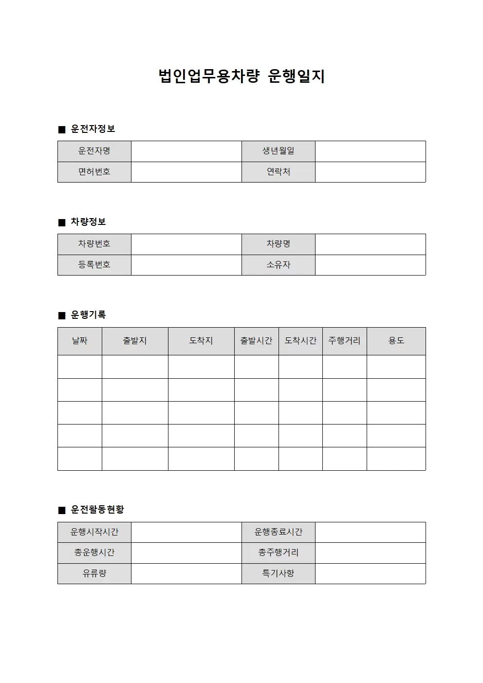 법인업무용차량운행일지 운전자활동현황