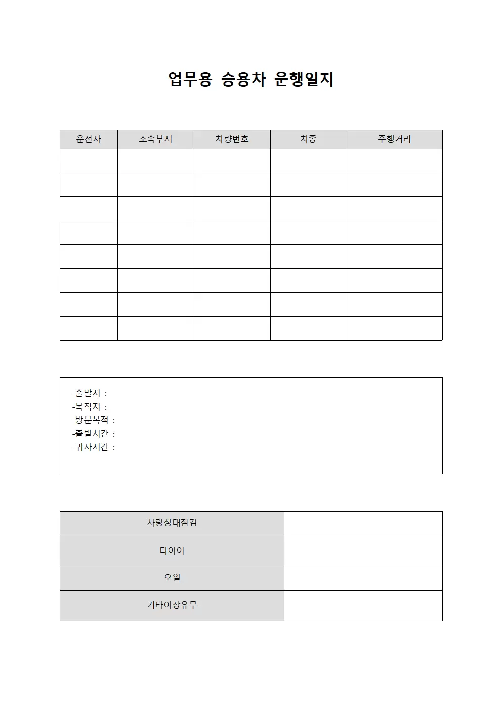 업무용승용차운행일지 차량상태점검표