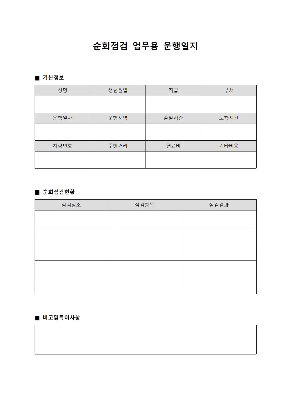 순회점검 업무용운행일지 현황 문서서식