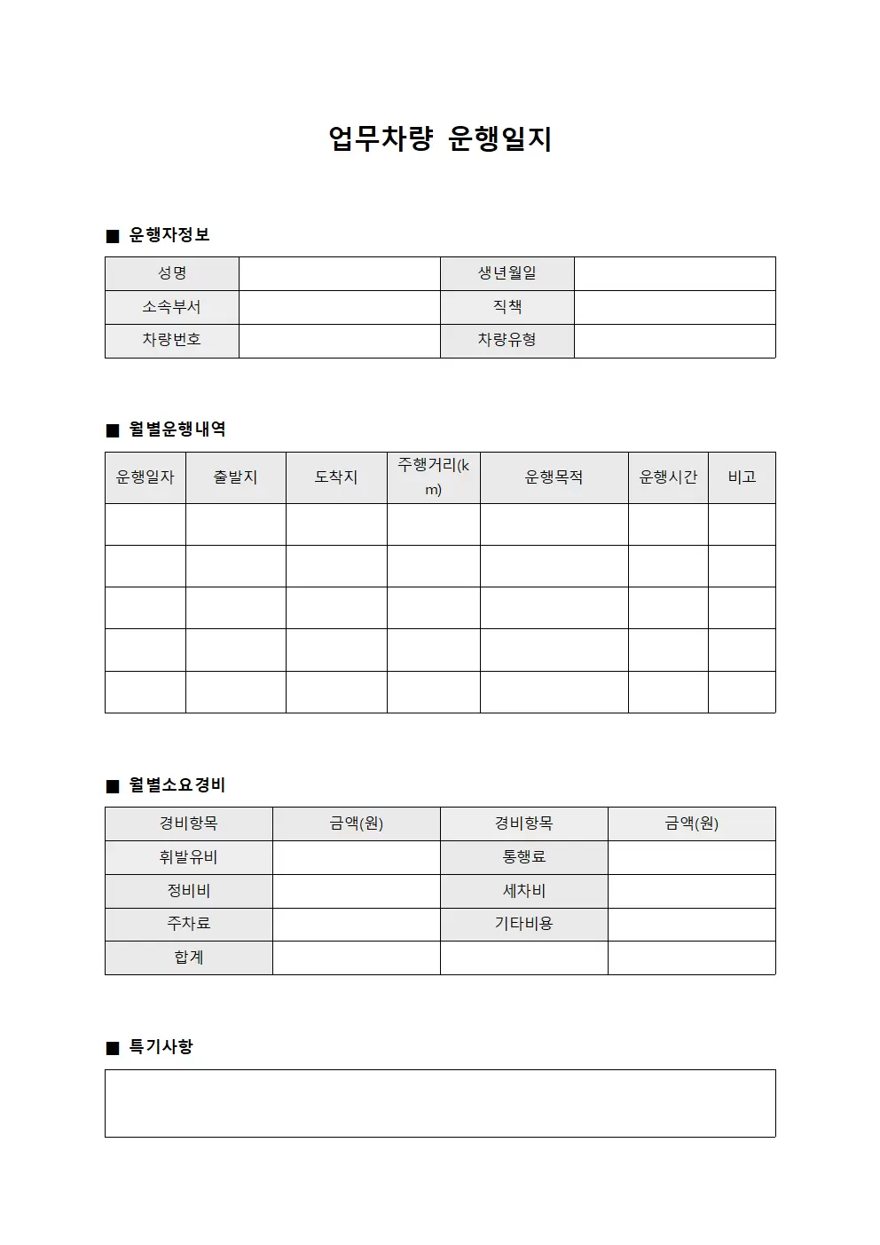 업무차량운행일지 - 월별 소요경비내역