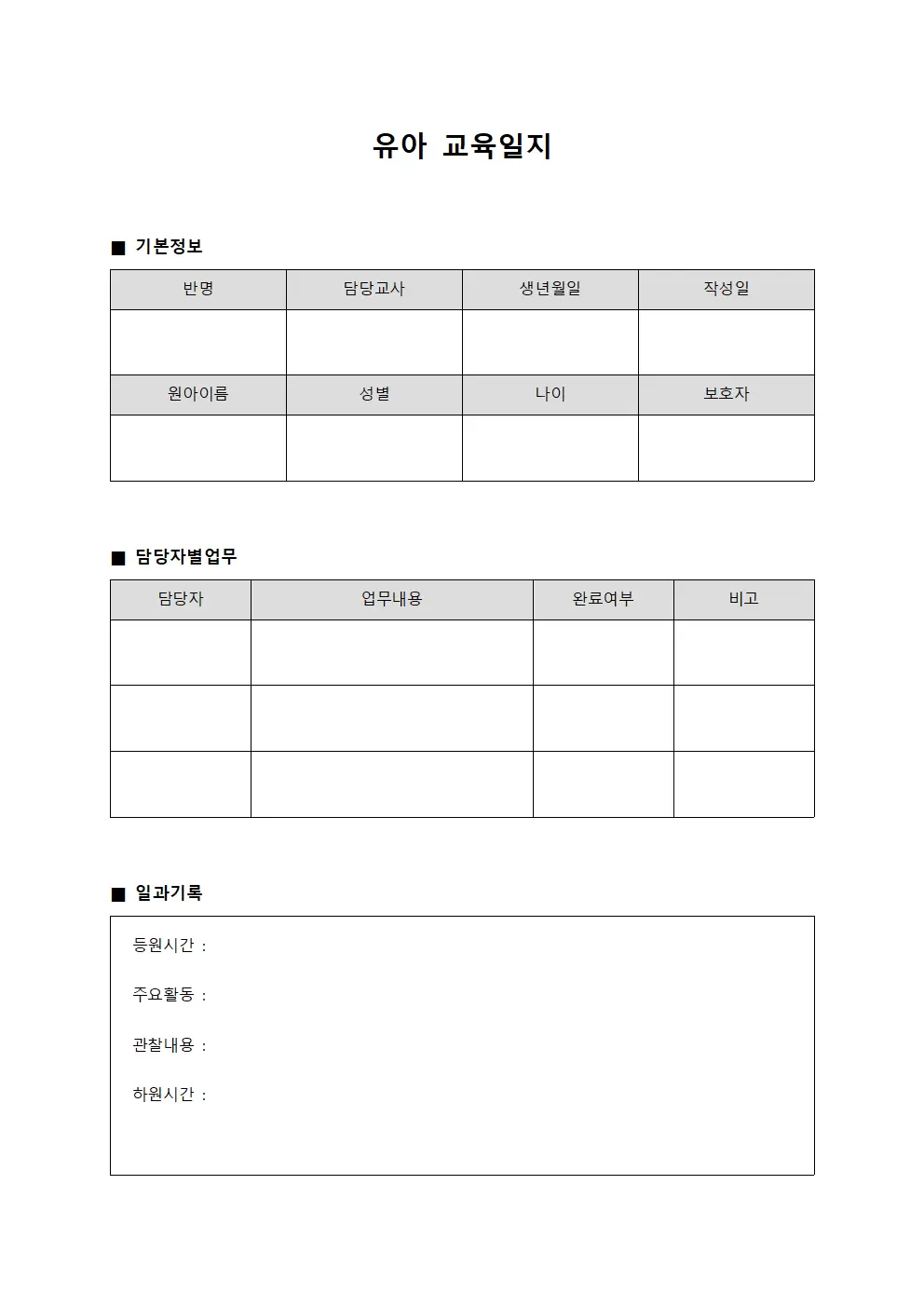 유아교육일지 - 담당자별업무