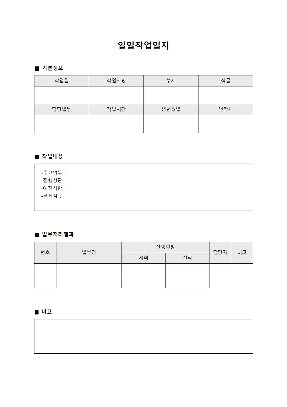 일일작업일지 업무진행상황보고