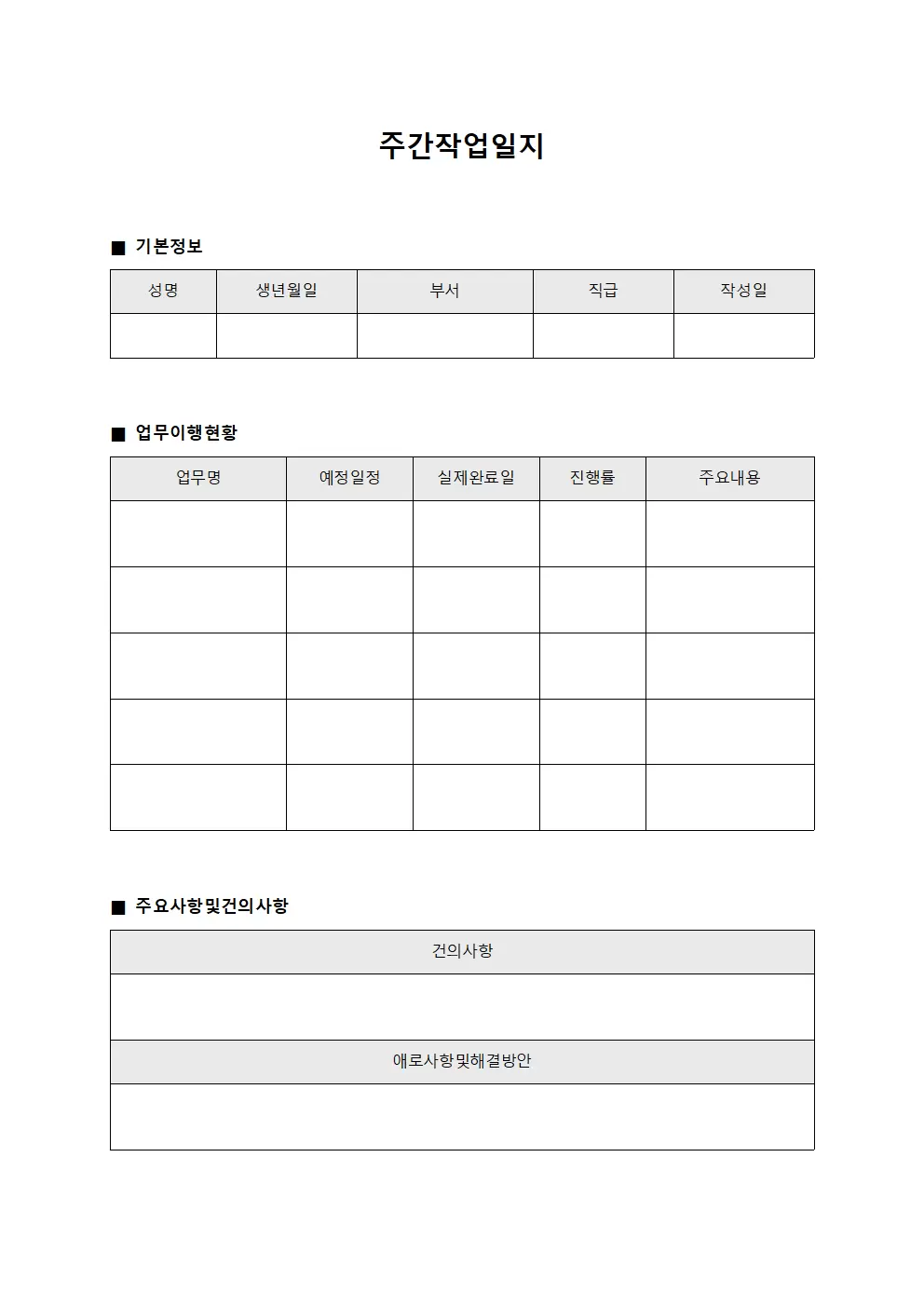 주간작업일지 - 업무 이행도 현황판