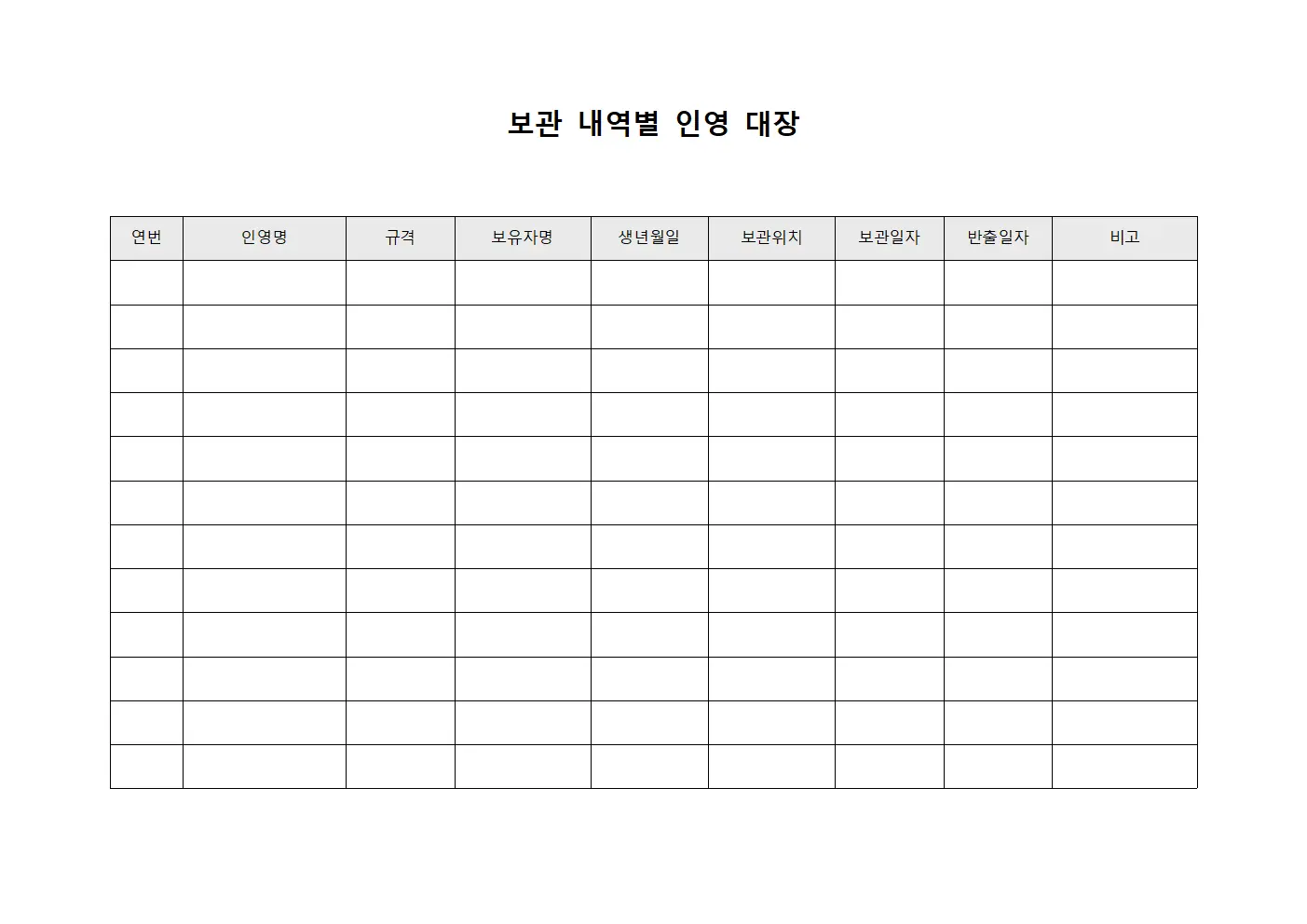보관 내역별 인영 대장 양식