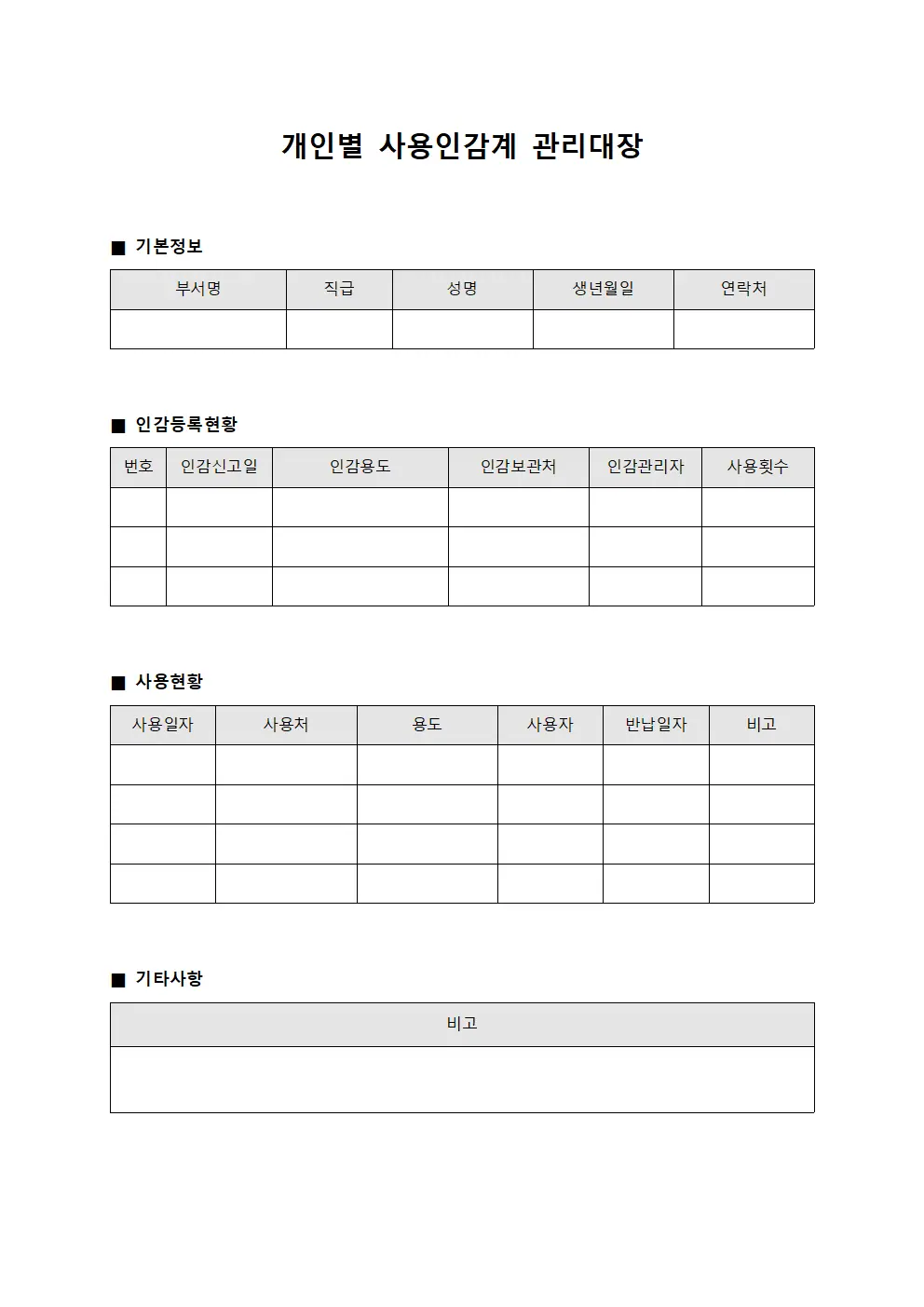 개인별 사용인감계 관리대장 문서서식