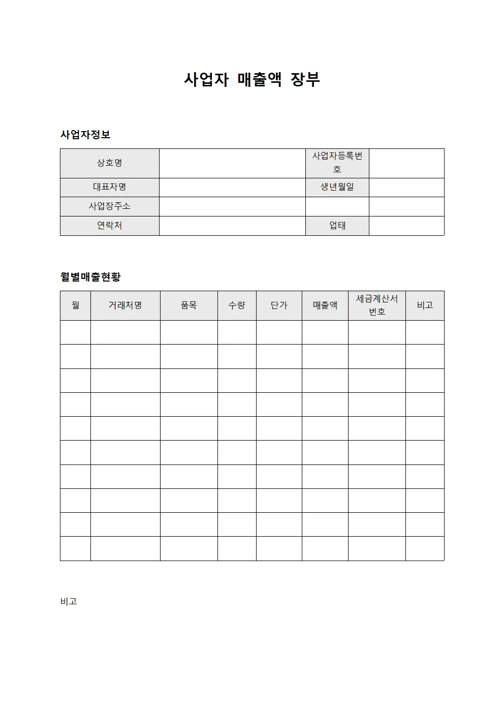 사업자 매출액 장부 서식문서