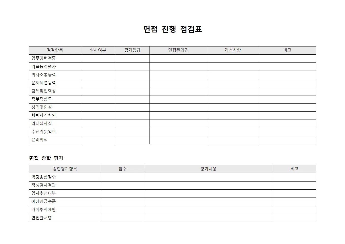면접 진행 점검표 템플릿 양식