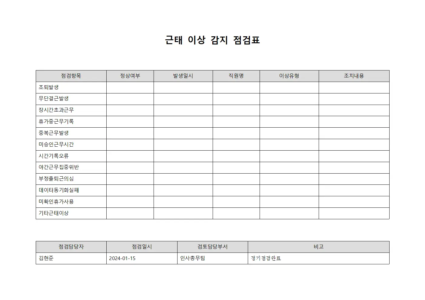 근태 이상 감지 점검표 서식문서