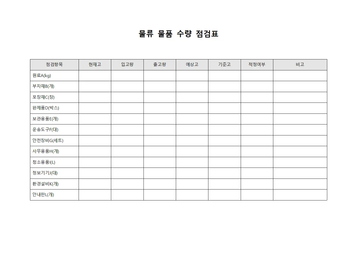 물류 물품 수량 점검표