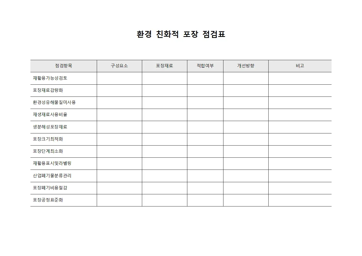 환경 친화적 포장 점검표 템플릿 서식