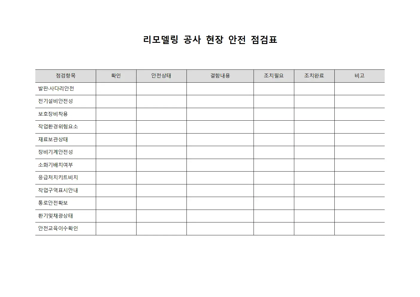 리모델링 공사 현장 안전 점검표 양식