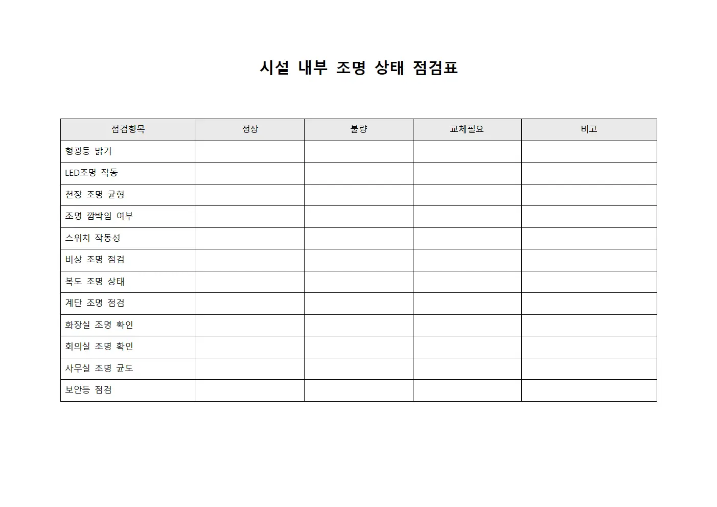 시설 내부 조명 상태 점검표