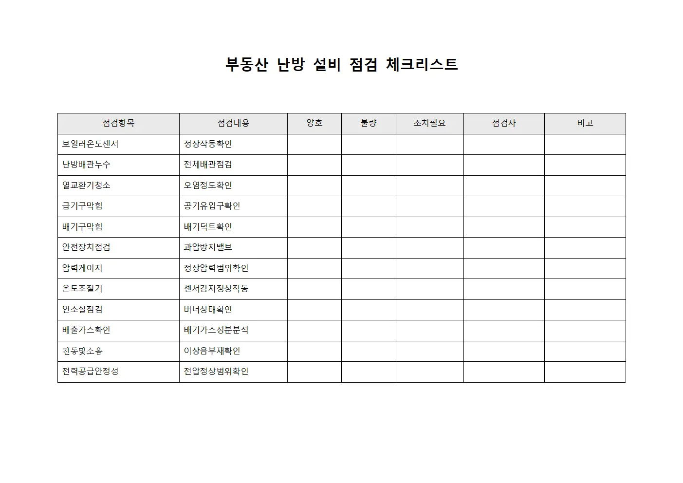 부동산 난방 설비 점검 체크리스트 서식.양식