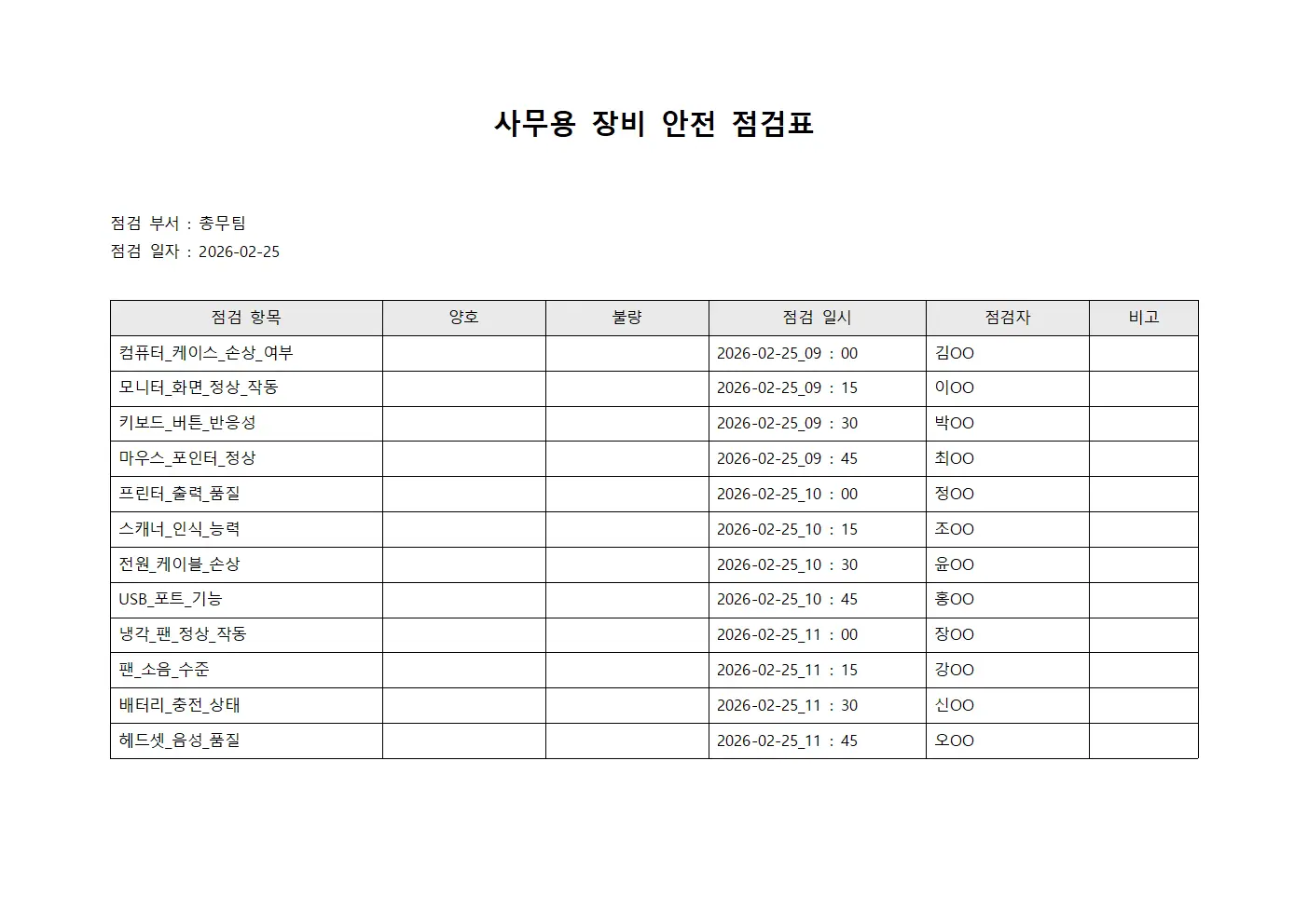 사무용 장비 안전 점검표 템플릿 양식
