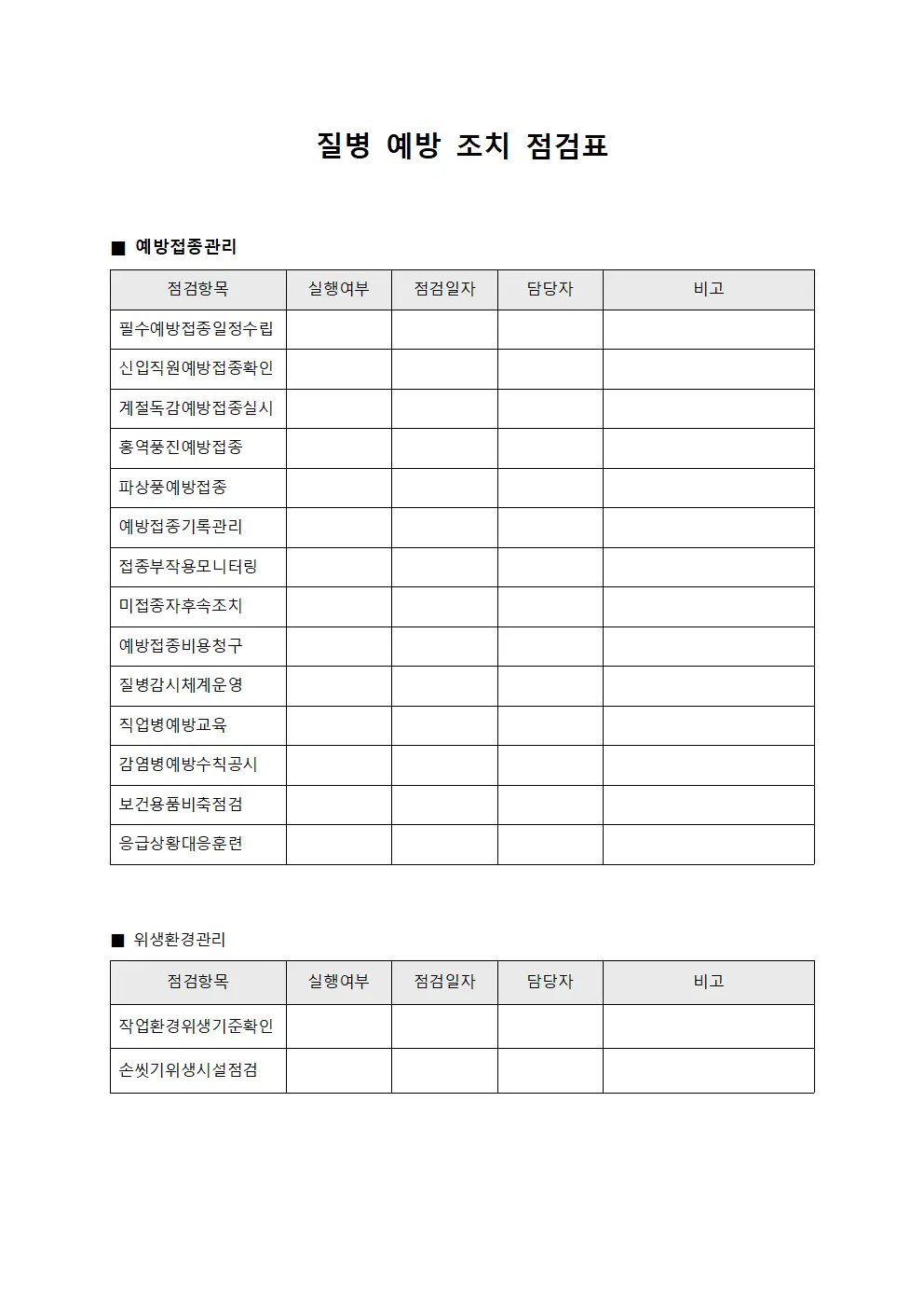 질병 예방 조치 점검표