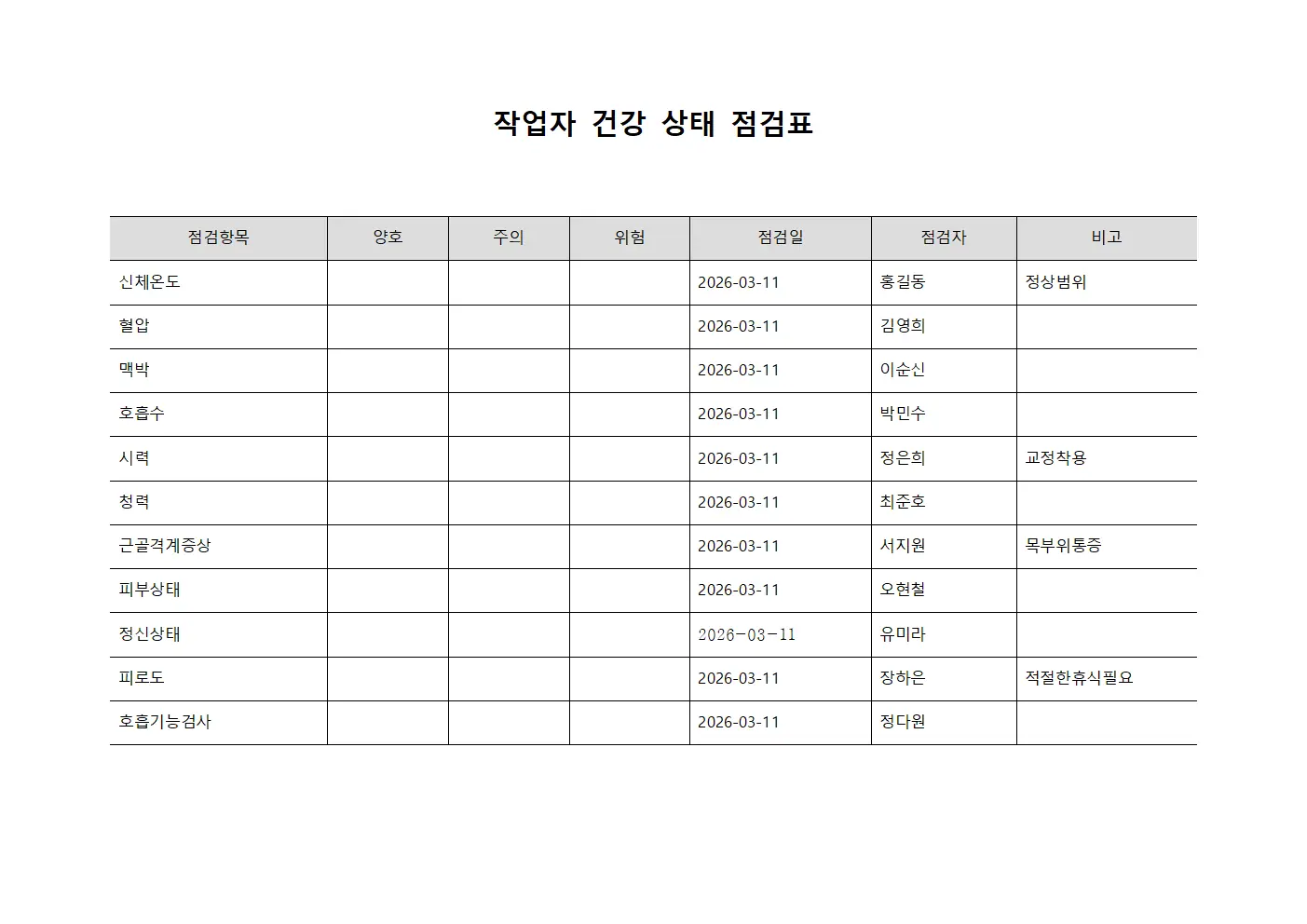 작업자 건강 상태 점검표