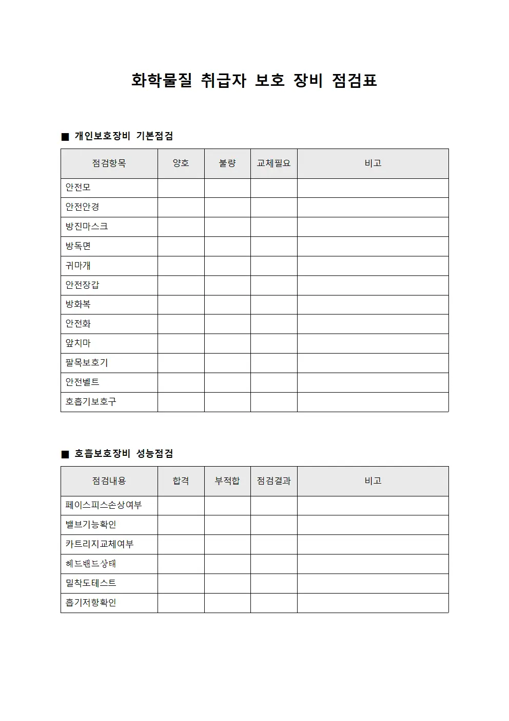화학물질 취급자 보호 장비 점검표 파일서식