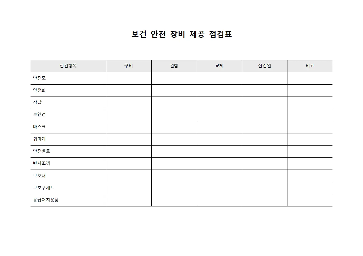 보건 안전 장비 제공 점검표 양식