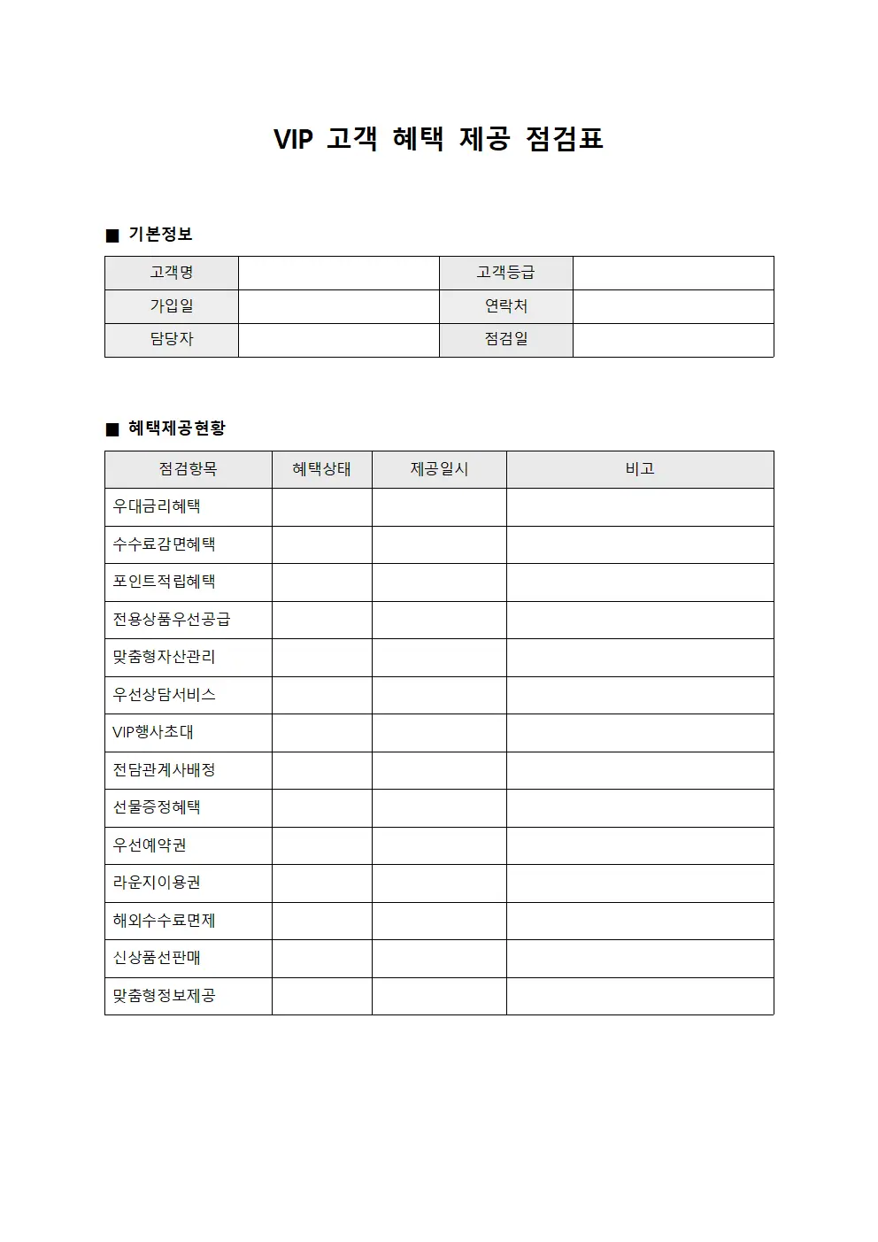 VIP 고객 혜택 제공 점검표