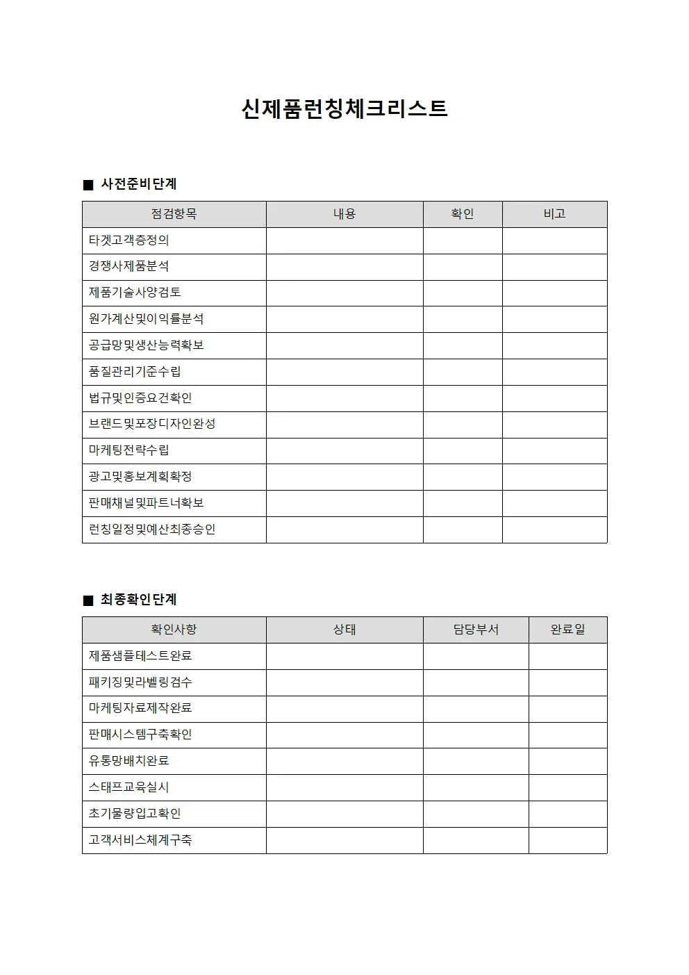 신제품 런칭 체크리스트 양식문서