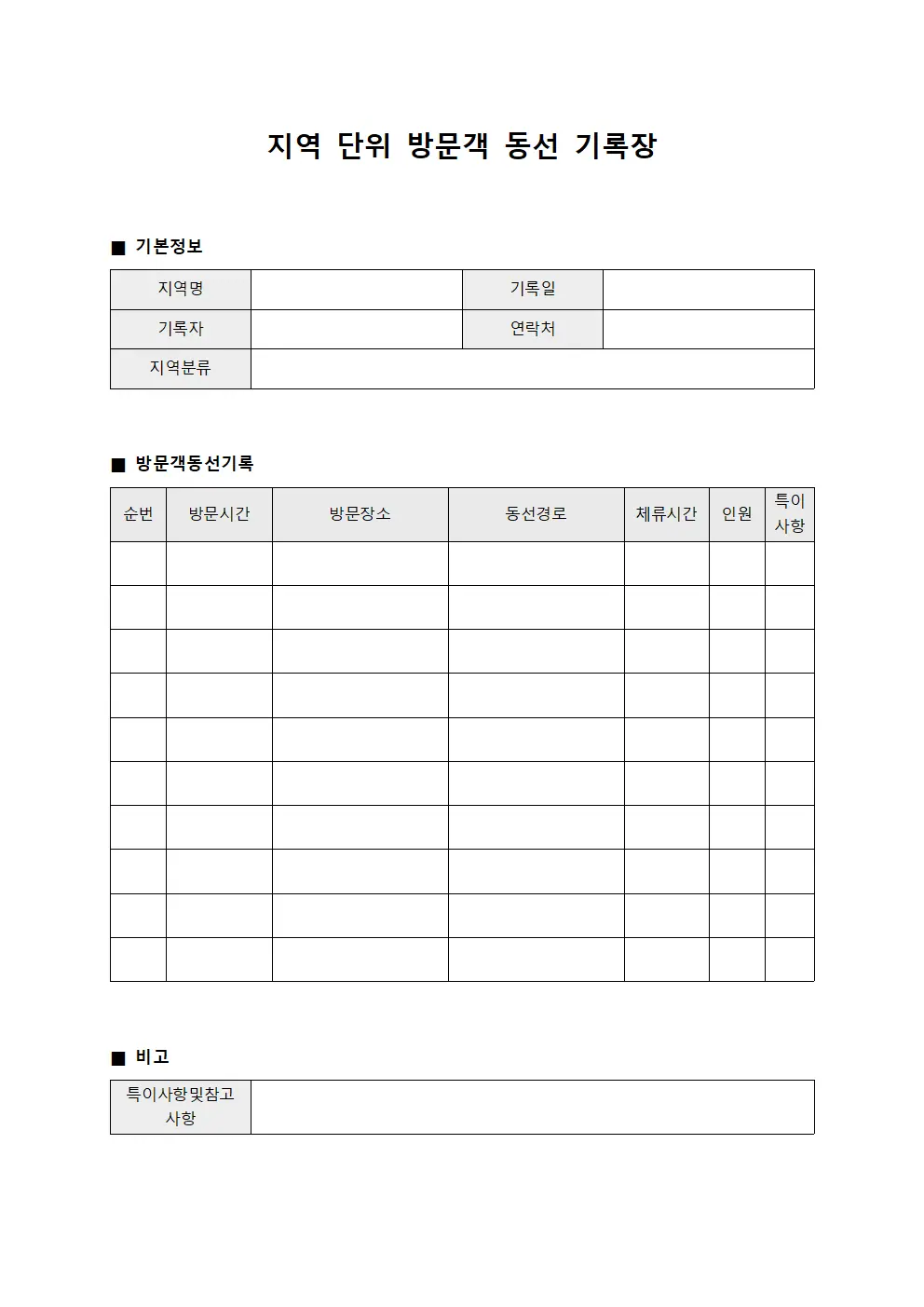 지역 단위 방문객 동선 기록장 서식