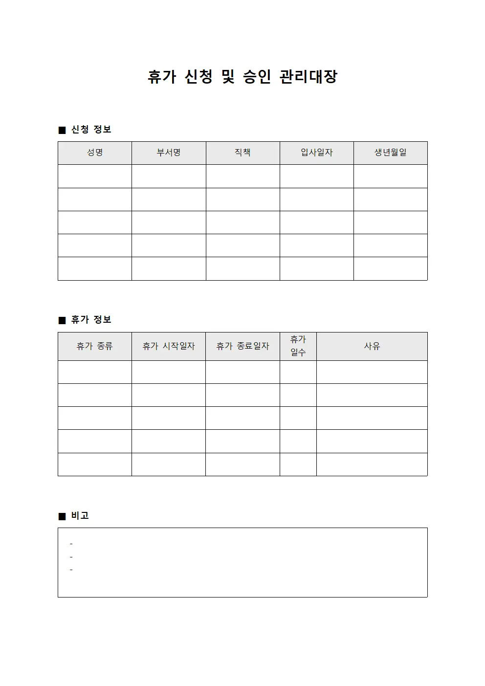 휴가 신청 및 승인 관리대장