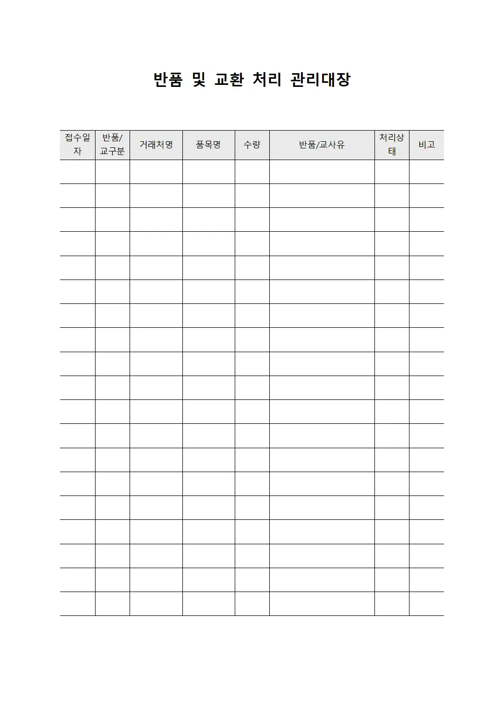 반품 및 교환 처리 관리대장