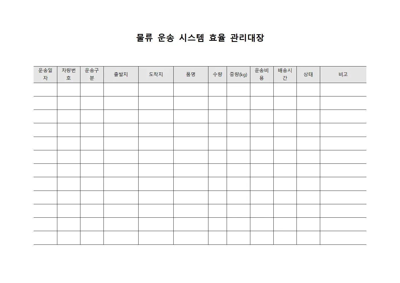 물류 운송 시스템 효율 관리대장