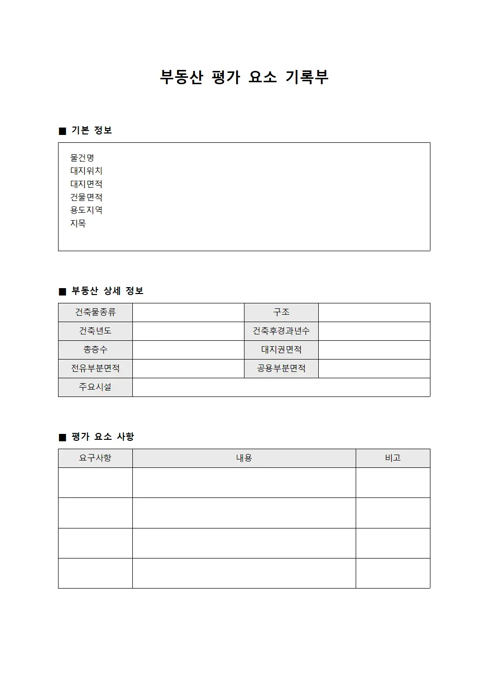 부동산 평가 요소 기록부