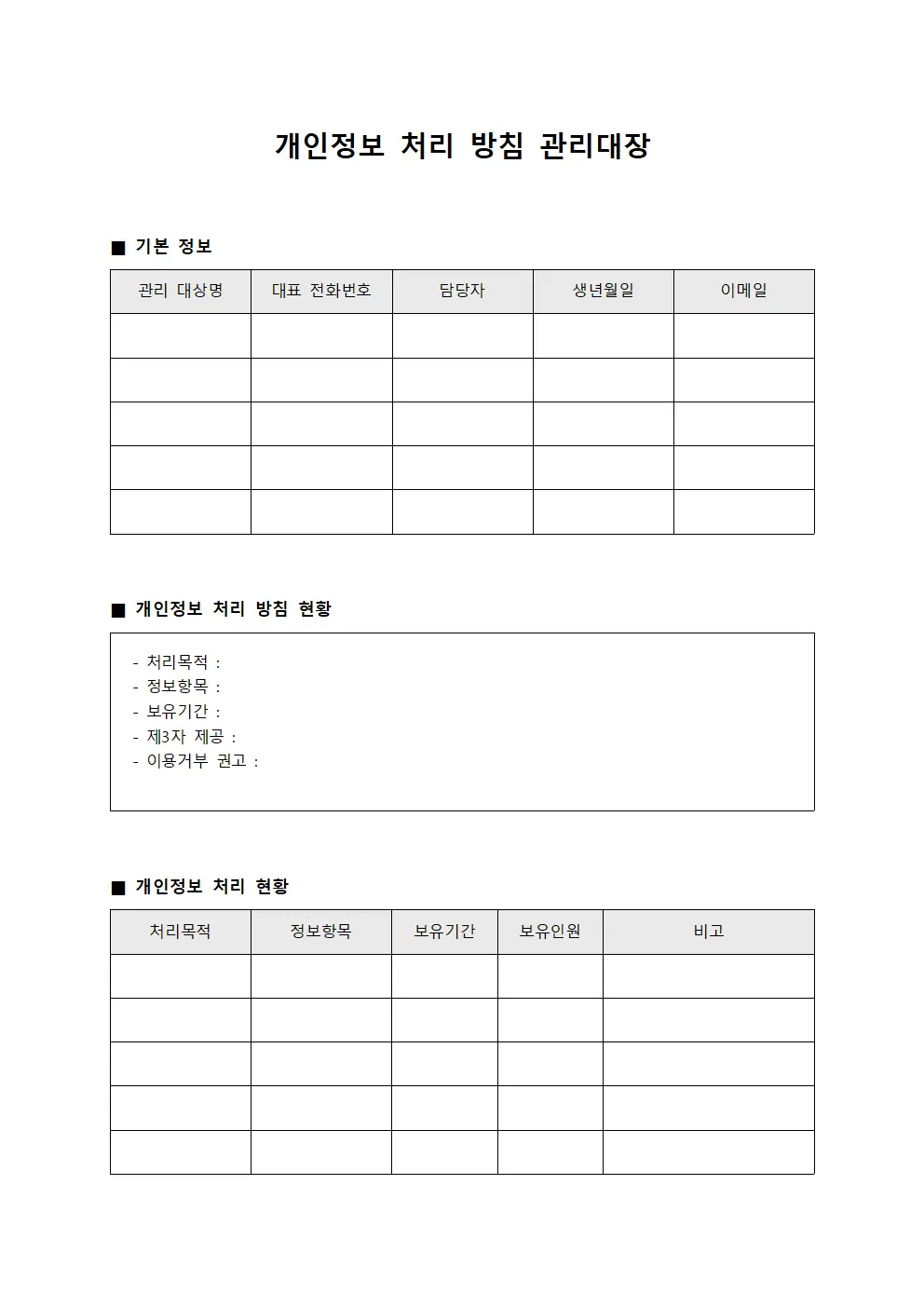 개인정보 처리 방침 관리대장