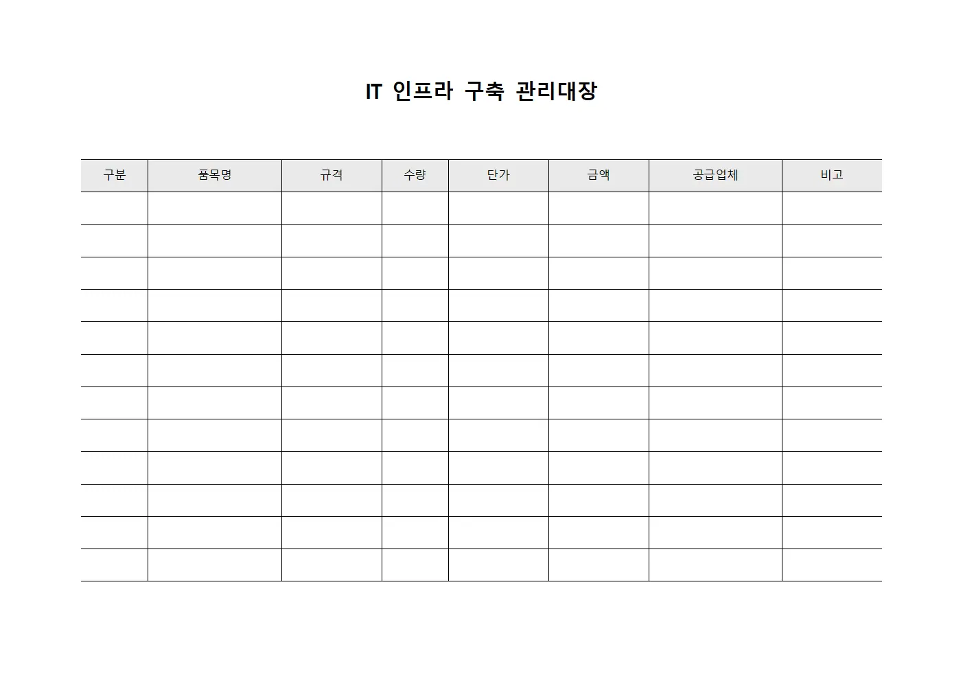 IT 인프라 구축 관리대장 양식문서