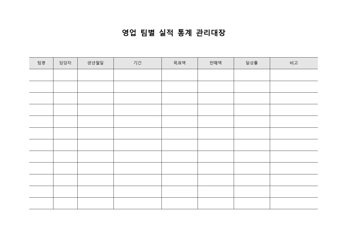 영업 팀별 실적 통계 관리대장 서식파일
