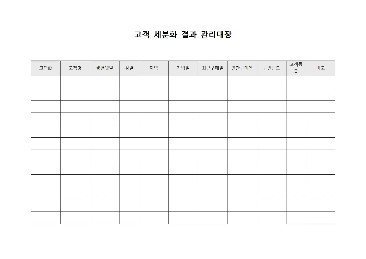 고객 세분화 결과 관리대장 서식