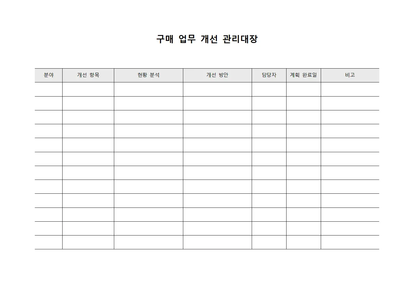 구매 업무 개선 관리대장 양식