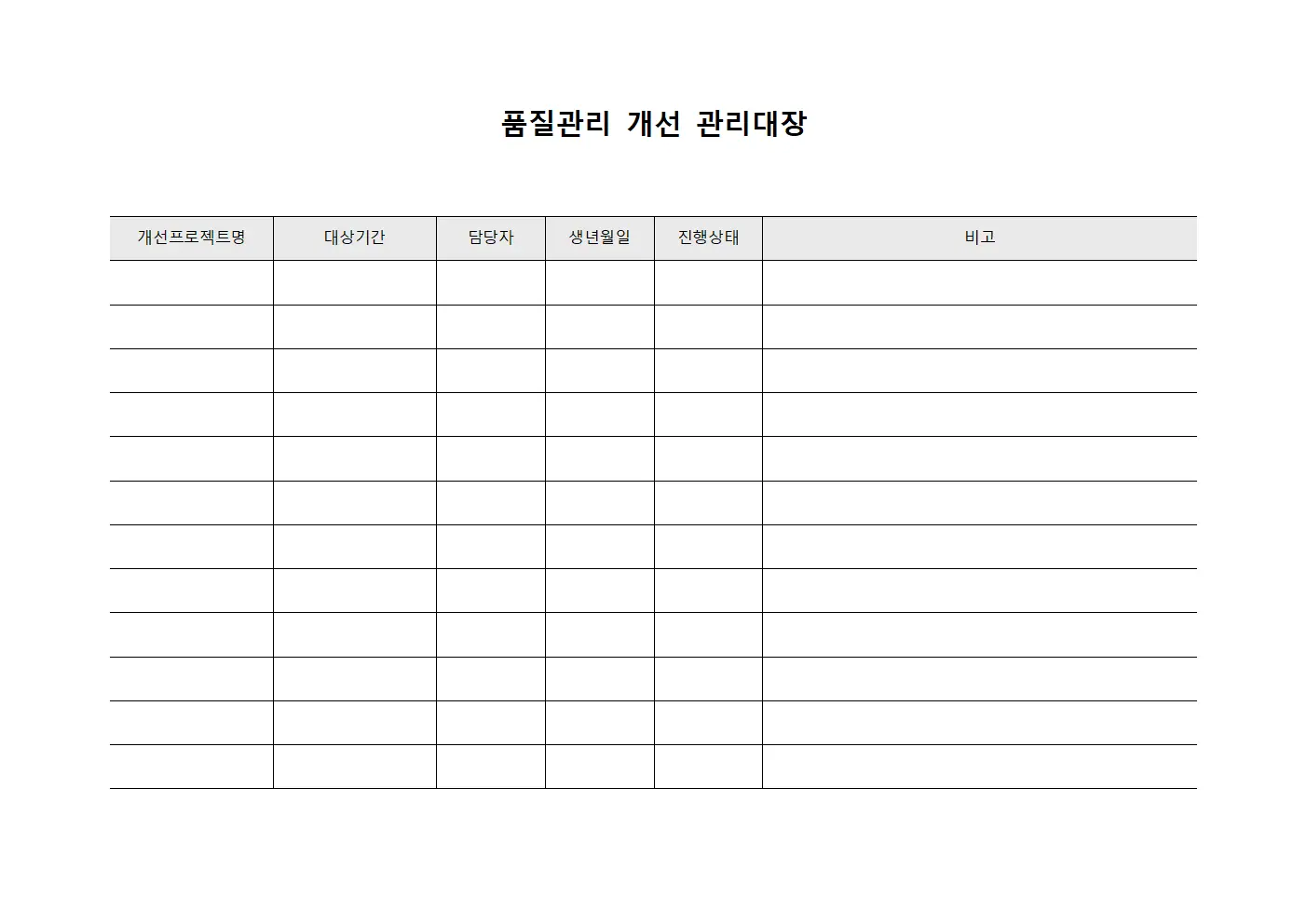 품질관리 개선 관리대장 양식문서