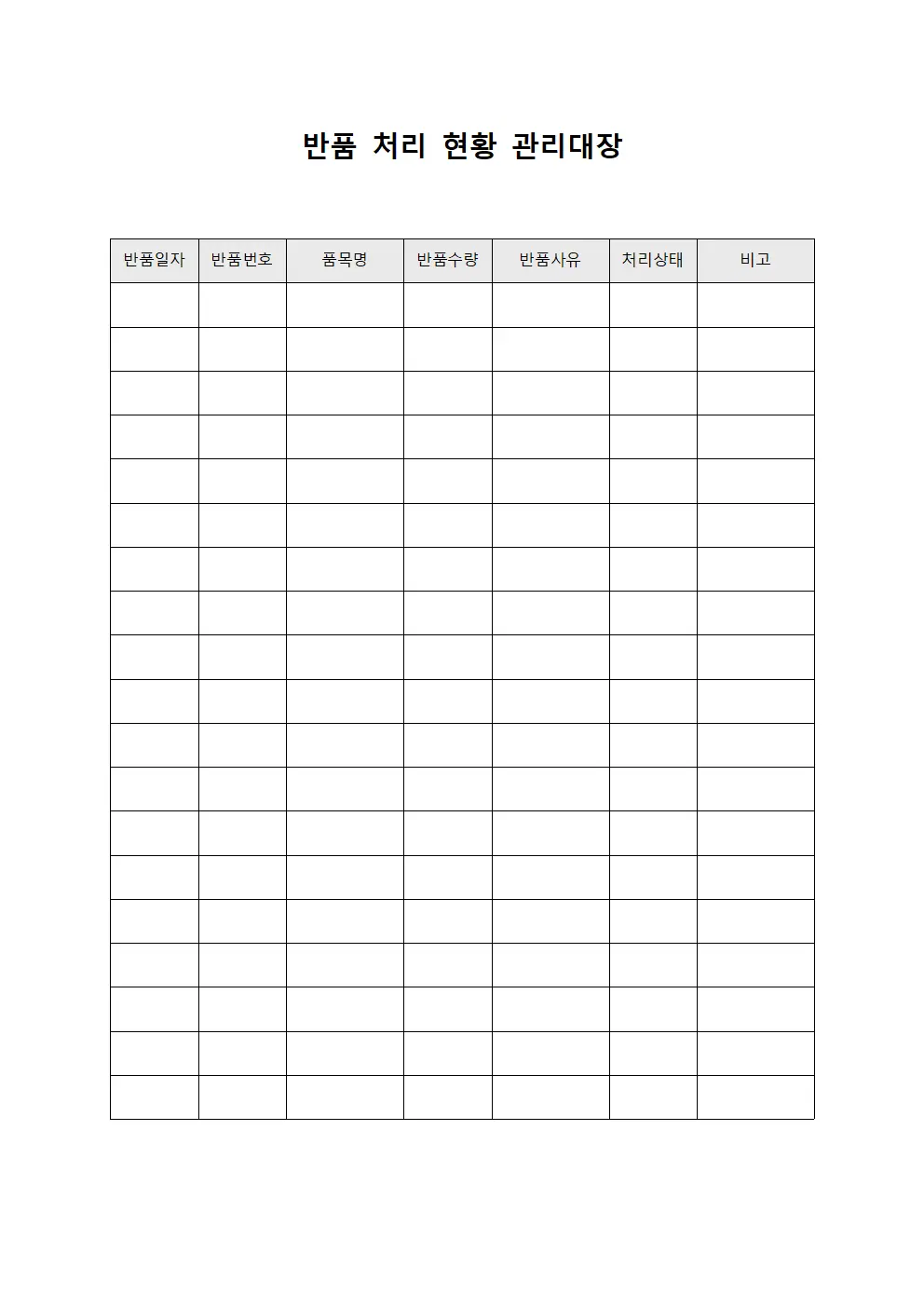 반품 처리 현황 관리대장