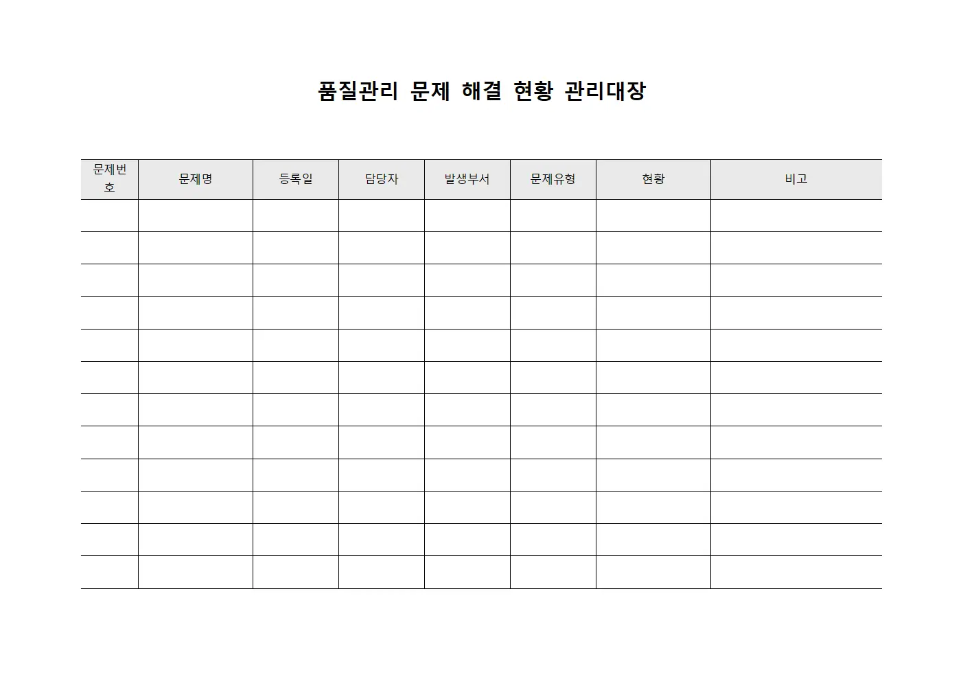 품질관리 문제 해결 현황 관리대장