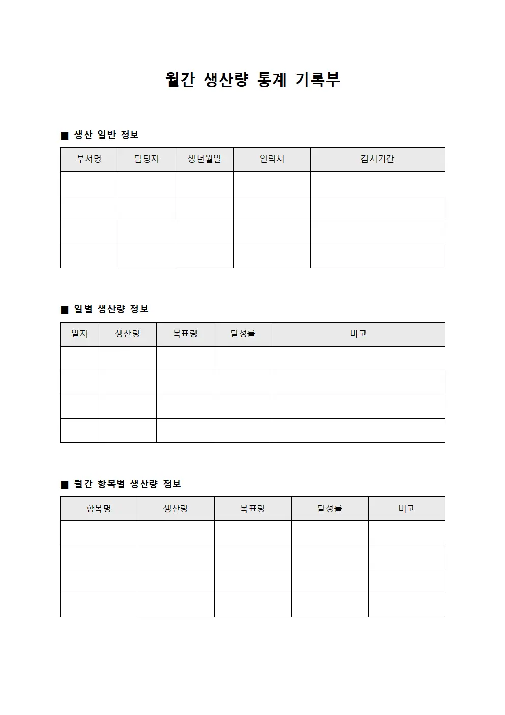 월간 생산량 통계 기록부