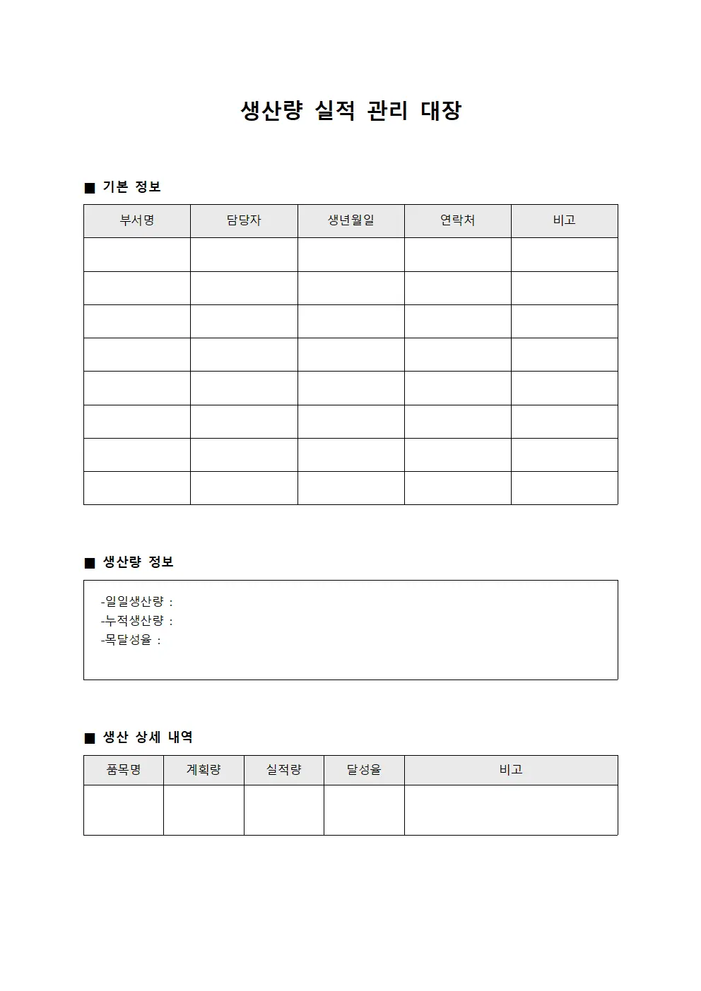 생산량 실적 관리 대장 문서양식