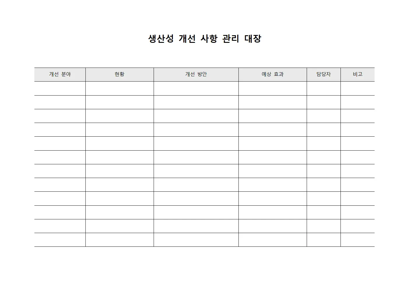 생산성 개선 사항 관리 대장