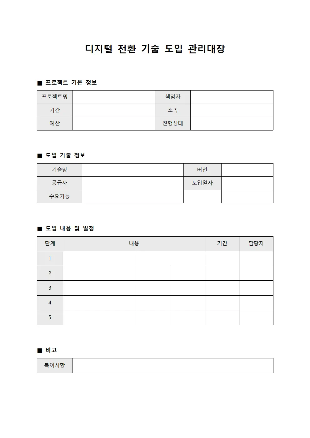 디지털 전환 기술 도입 관리대장