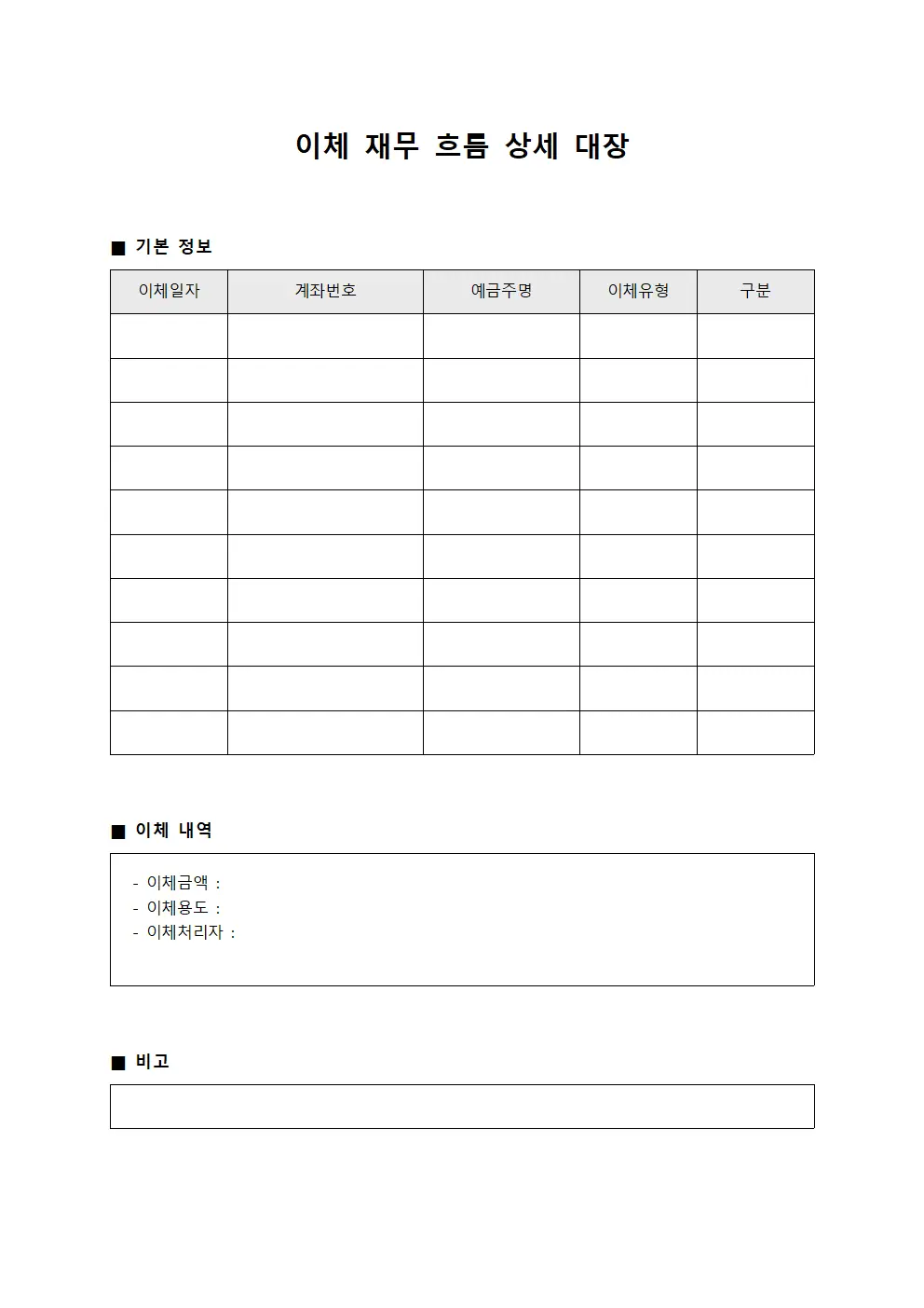 이체 재무 흐름 상세 대장 템플릿