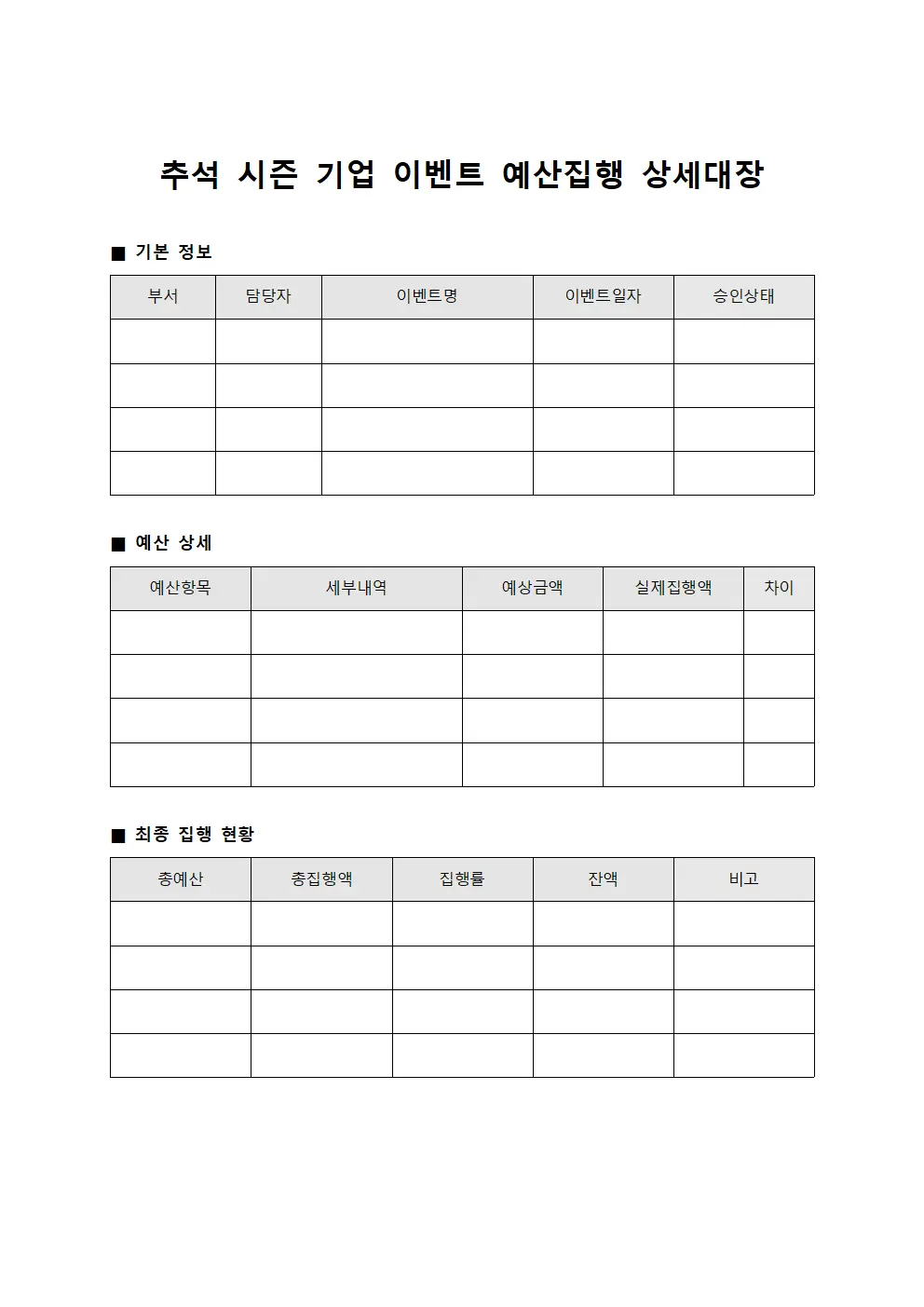 추석 시즌 기업 이벤트 예산집행 상세대장