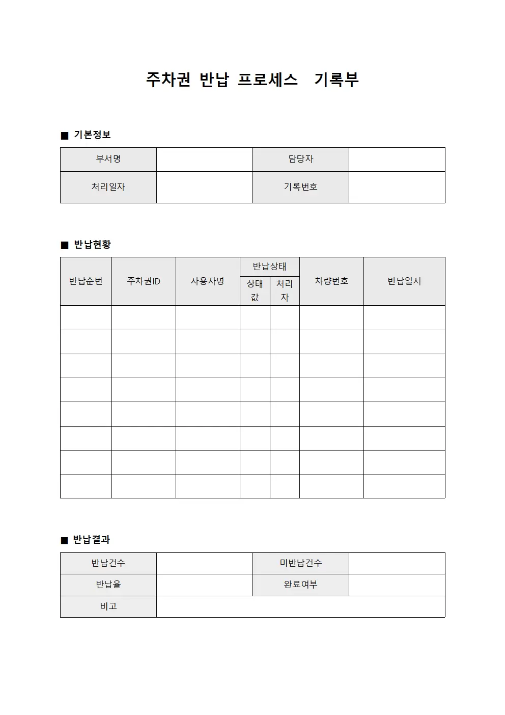 주차권 반납 프로세스 기록부 파일양식