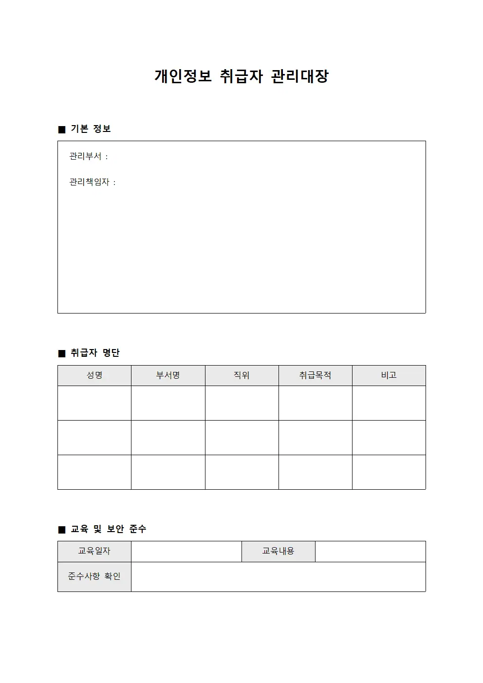 개인정보 취급자 관리대장