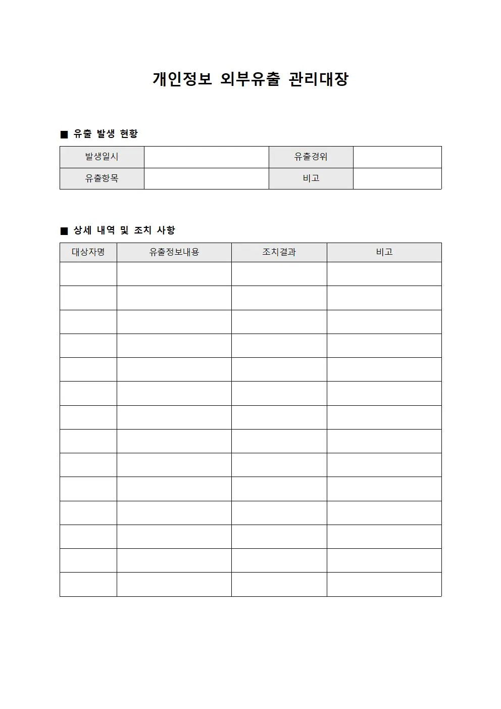 개인정보 외부유출 관리대장