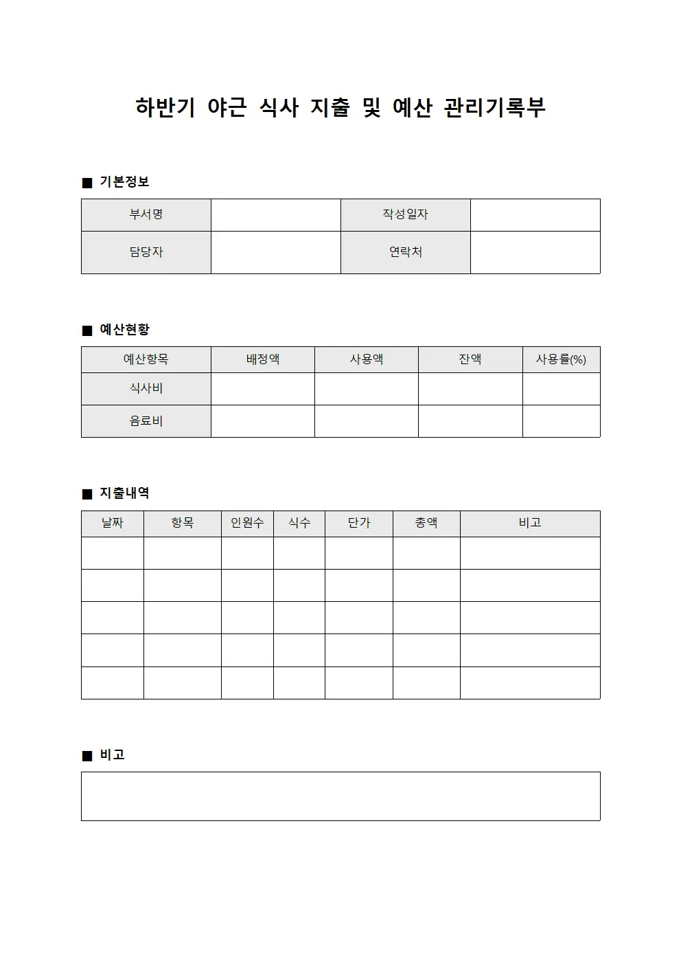 하반기 야근 식사 지출 및 예산 관리기록부 파일양식
