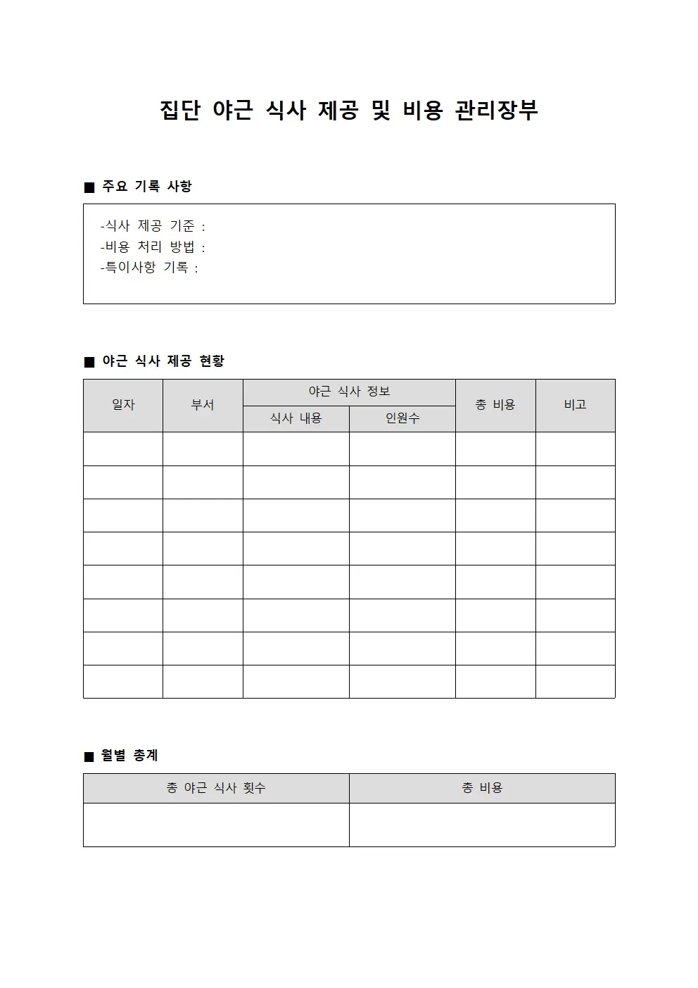 집단 야근 식사 제공 및 비용 관리장부